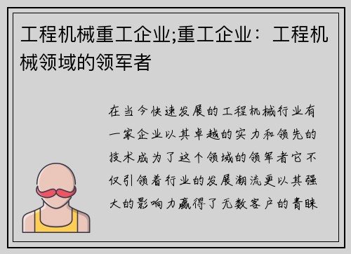 工程机械重工企业;重工企业：工程机械领域的领军者