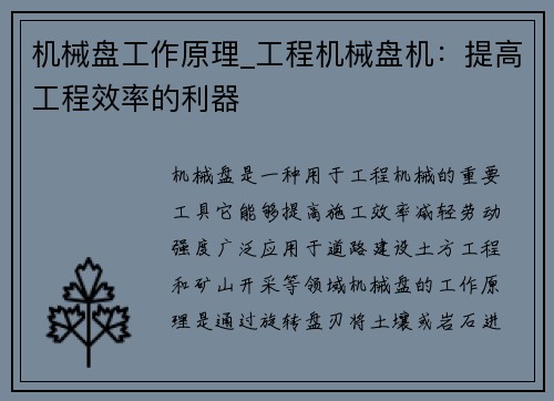 机械盘工作原理_工程机械盘机：提高工程效率的利器